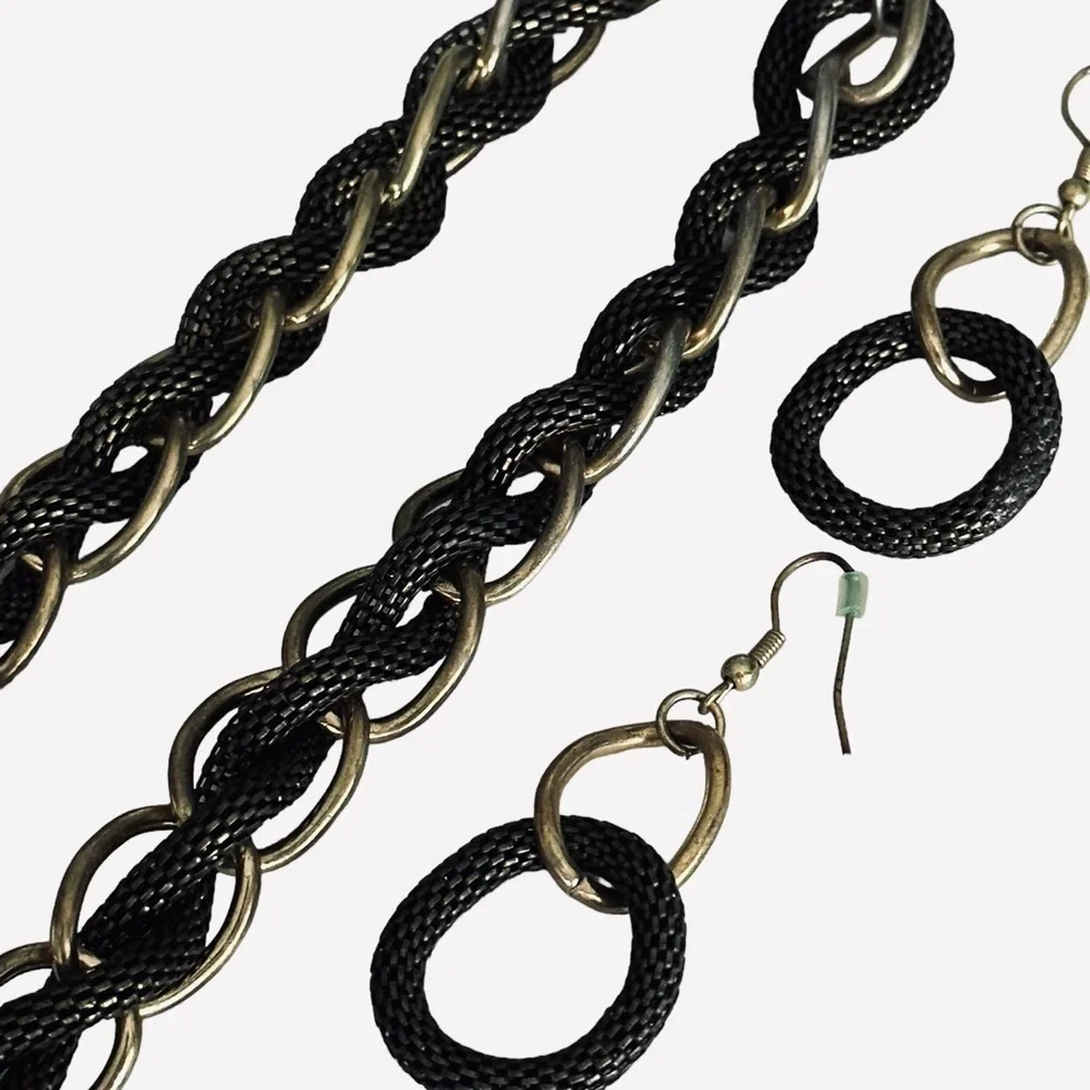 Gold-tone, Black/mesh Link Necklace and earrings set.